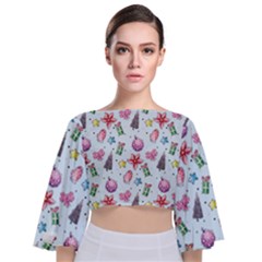 Christmas Decorations Pattern, Xmas Backgrounds Tie Back Butterfly Sleeve Chiffon Top by kyorashop23