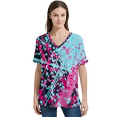 Colorful Splashes Grunge, Abstract Art V-neck Split Shoulder Casual T-shirt by kyorashop23
