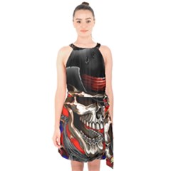Confederate Flag Usa America United States Csa Civil War Rebel Dixie Military Poster Skull Halter Collar Waist Tie Chiffon Dress by Ket1n9