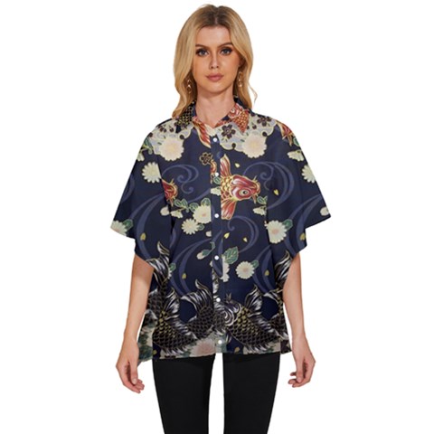 Japanese Wave Koi Illustration Pattern Women s Batwing Button Up Shirt by Ndabl3x