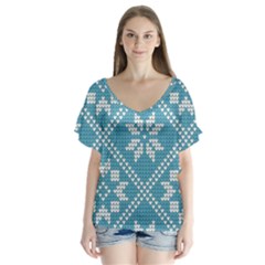 Blue Winter Knitted Texture, Blue Winter Background, Knitted Texture V-neck Flutter Sleeve Top by kyorashop23