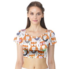 Cute Colorful Owl Cartoon Seamless Pattern Short Sleeve Crop Top by Apen