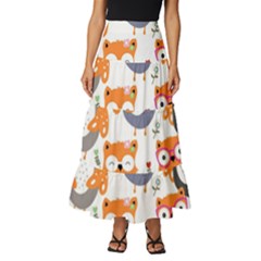 Cute Colorful Owl Cartoon Seamless Pattern Tiered Ruffle Maxi Skirt by Apen