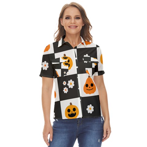 Seamless Halloween Pattern With Smiling Pumpkin 20240926 161714 0000 Women s Short Sleeve Double Pocket Shirt by Safari