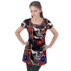 Confederate Flag Usa America United States Csa Civil War Rebel Dixie Military Poster Skull Puff Sleeve Tunic Top by Ket1n9