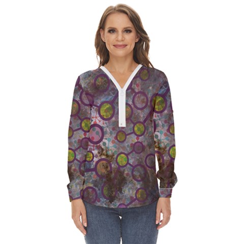 Abstract Molecular Space Art Zip Up Long Sleeve Blouse by ExtraAwesomeSauce