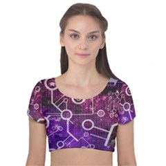Cosmic Network Geometric Art Velvet Short Sleeve Crop Top  by ExtraAwesomeSauce