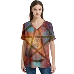 Enchanted Nebula Pentagram Art V-neck Split Shoulder Casual T-shirt by ExtraAwesomeSauce