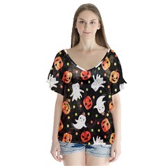 Cool Halloween Ghosts, Adoxali, Autumn V-neck Flutter Sleeve Top by kyorashop23