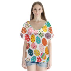 Easter Eggs Pattern, Easter V-neck Flutter Sleeve Top by kyorashop23
