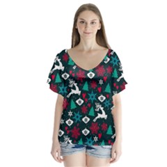 Holiday Season Pattern V-neck Flutter Sleeve Top by kyorashop23
