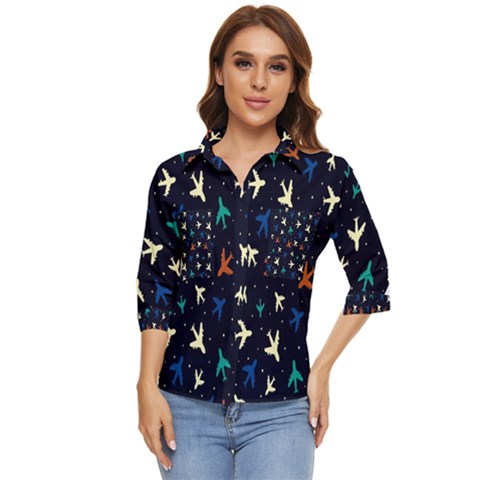 Blue Sky Airplanes Planes Women s Quarter Sleeve Pocket Shirt by ConteMonfrey