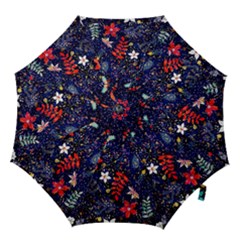 Festive Floral Pattern Christmas Blue Floral Flower Foliage Leaves Pattern Red Snow Winter Hook Handle Umbrellas (medium) by Maspions