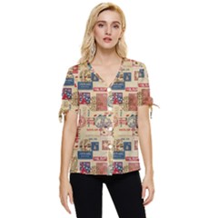 Letters Writing Paper Text Pattern Bow Sleeve Button Up Top by Apenda