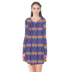 Bitcoin Logo Pattern Long Sleeve V-neck Flare Dress by ExtraAwesomeSauce