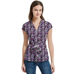 Sugar Skull Cat Pattern Women s Cap Sleeve Mandarin Collar Waist Tie Blouse by ExtraAwesomeSauce