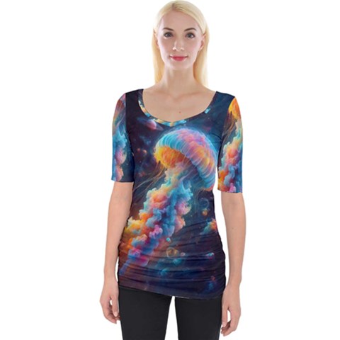 Cosmic Jellyfish Artwork Wide Neckline T-shirt by ExtraAwesomeSauce