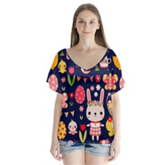 Bunny - Easter Pattern V-neck Flutter Sleeve Top by kyorashop23