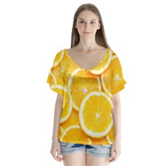 Oranges, Orange, Fruits V-neck Flutter Sleeve Top by kyorashop23