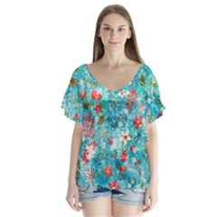 Snowy Winter Foliage, Adoxali, Christmas, Berry, Blue V-neck Flutter Sleeve Top by kyorashop23