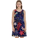 Festive Floral Pattern Christmas Blue Floral Flower Foliage Leaves Pattern Red Snow Winter Round Neck Sleeve Casual Dress With Pockets View1