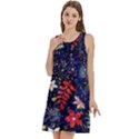 Festive Floral Pattern Christmas Blue Floral Flower Foliage Leaves Pattern Red Snow Winter Round Neck Sleeve Casual Dress With Pockets View3