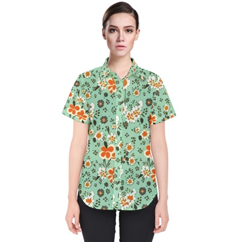 Retro 1960s Flowers Pattern 3 Women s Short Sleeve Shirt by violetheavensky