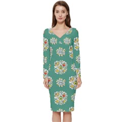 Retro 1960s Flowers Pattern 2 Long Sleeve V-neck Bodycon Dress  by violetheavensky