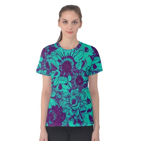 Mid Century Retro Floral 1970s 1960s Pattern 101 Women s Cotton T-shirt by violetheavensky