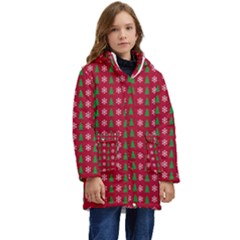 Snowflake Christmas Tree Pattern Kids  Hooded Longline Puffer Jacket by Paksenen