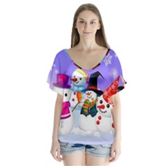 Let s Have Fun With Snowmen V-neck Flutter Sleeve Top by kyorashop23