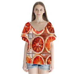 Orange, Fruit, Citrus V-neck Flutter Sleeve Top by kyorashop23