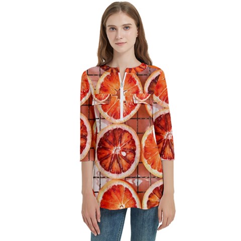 Orange, Fruit, Citrus Women s Zip Front V-neck 3/4 Sleeve Casual Top Pocket Shirt by kyorashop23