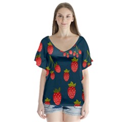 Strawberry Texture, Blue Background With Strawberries V-neck Flutter Sleeve Top by kyorashop23