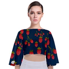 Strawberry Texture, Blue Background With Strawberries Tie Back Butterfly Sleeve Chiffon Top by kyorashop23