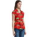 Strawberry Texture, Macro, Ripe Strawberry Women s Cap Sleeve Mandarin Collar Waist Tie Blouse View3
