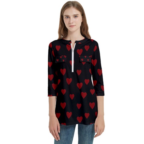 Small Cute Hearts  Women s Zip Front V-neck 3/4 Sleeve Casual Top Pocket Shirt by ConteMonfrey