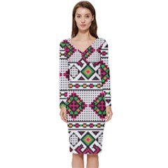 Ukrainian Folk Seamless Pattern Ethnic Ornament Border Element Traditional Long Sleeve V-neck Bodycon Dress  by Grandong
