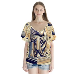 Thinker Sculpture Design Geometric V-neck Flutter Sleeve Top by Salmanaz77