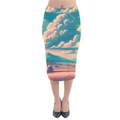 Mountains Countryside Agriculture Velvet Midi Pencil Skirt by Salmanaz77