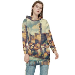 Village Houses Buildings Facade Women s Long Oversized Pullover Hoodie by Salmanaz77