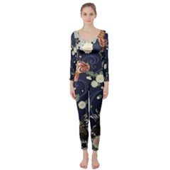 Japanese Wave Koi Illustration Pattern Long Sleeve Catsuit by Ndabl3x