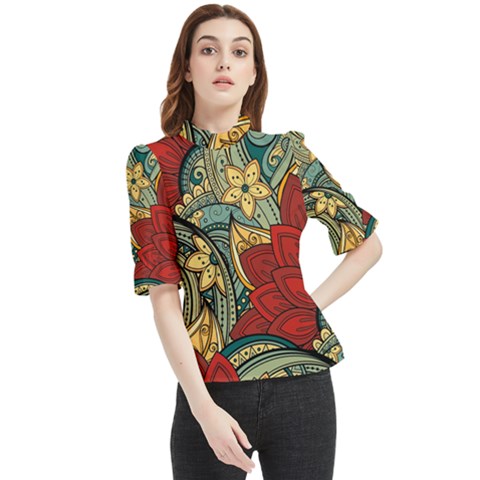 Pattern Shape Colorful Flower Leaves Frill Neck Blouse by Posterlux
