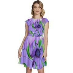 Purple Flower Nature Cap Sleeve High Waist Dress by Posterlux