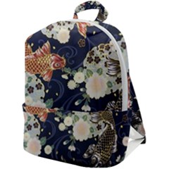 Japanese Wave Koi Illustration Pattern Zip Up Backpack by Ndabl3x
