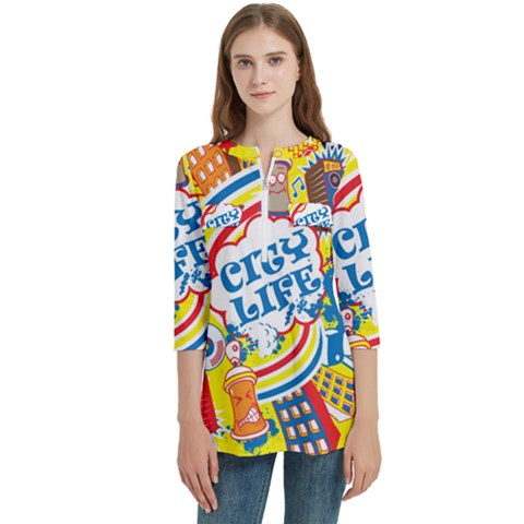 Colorful City Life Horizontal Seamless Pattern Urban City Women s Zip Front V-neck 3/4 Sleeve Casual Top Pocket Shirt by Bedest