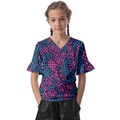 Summer Pineapples Kids  V-neck Horn Sleeve Blouse by Paksenen