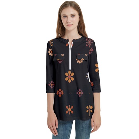 Minimalist Pattern With Simple Lines,flower And Shapes, Creating A Clean And Modern Women s Zip Front V-neck 3/4 Sleeve Casual Top Pocket Shirt by myclothy