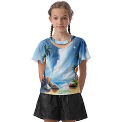 Delicate Watercolor Painting Surreal Oasis Scene With Intense Dramatic Lighting Kids  Front Cut T-shirt by pollyparadiseartshop