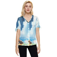 Delicate Watercolor Painting Surreal Oasis Scene With Intense Dramatic Lighting Bow Sleeve Button Up Top by pollyparadiseartshop